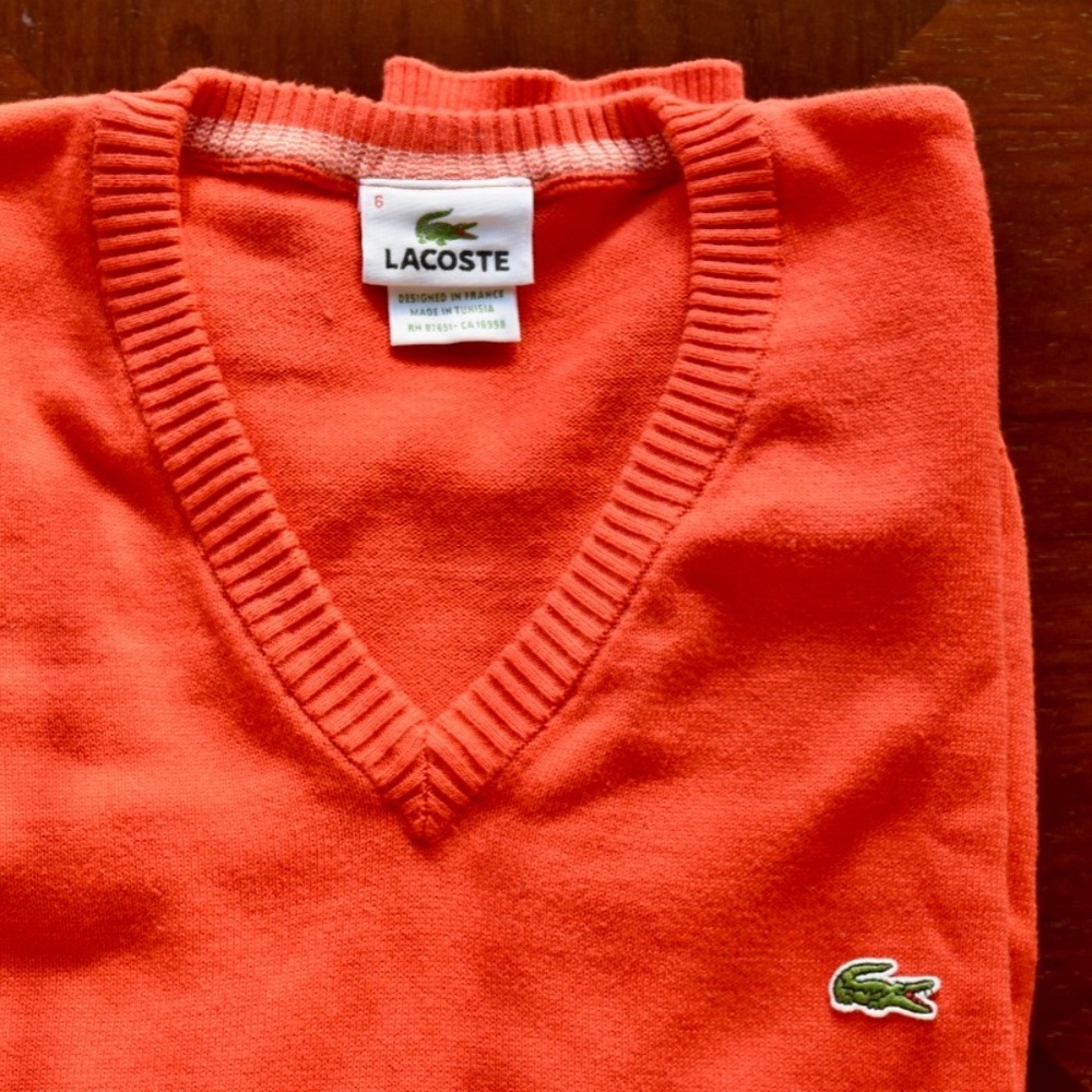 Lacoste V-Neck Sweater Sz 6 Red Orange